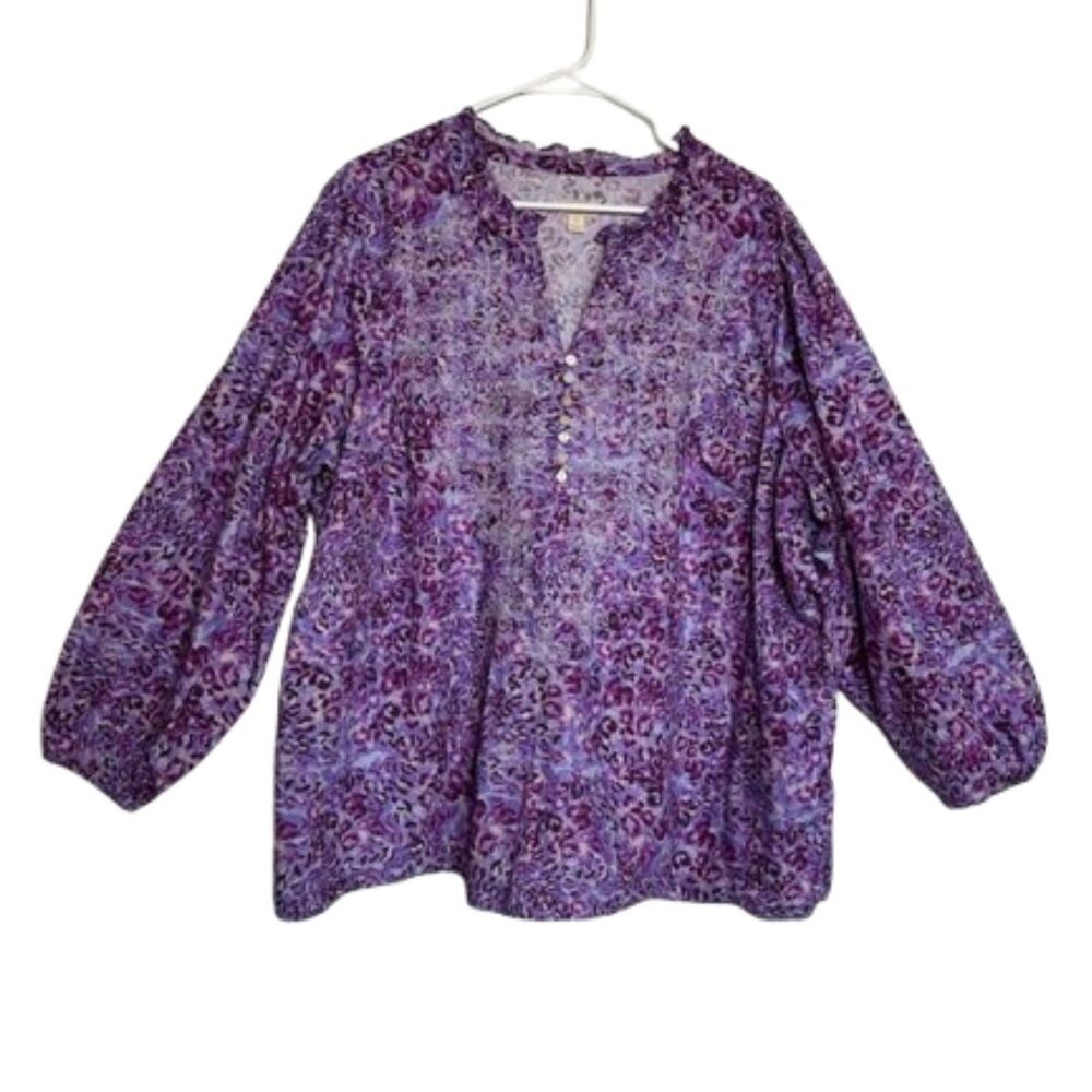 LOGO Lavish By Lori Goldstien Embordered Puff Sleeve Top Womens 2X Floral Button